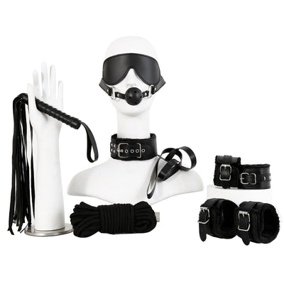 Classic Beginner's Set 7 Teile (fur cuffs,ball gag,whip,collar,eye mask,10 M rope)