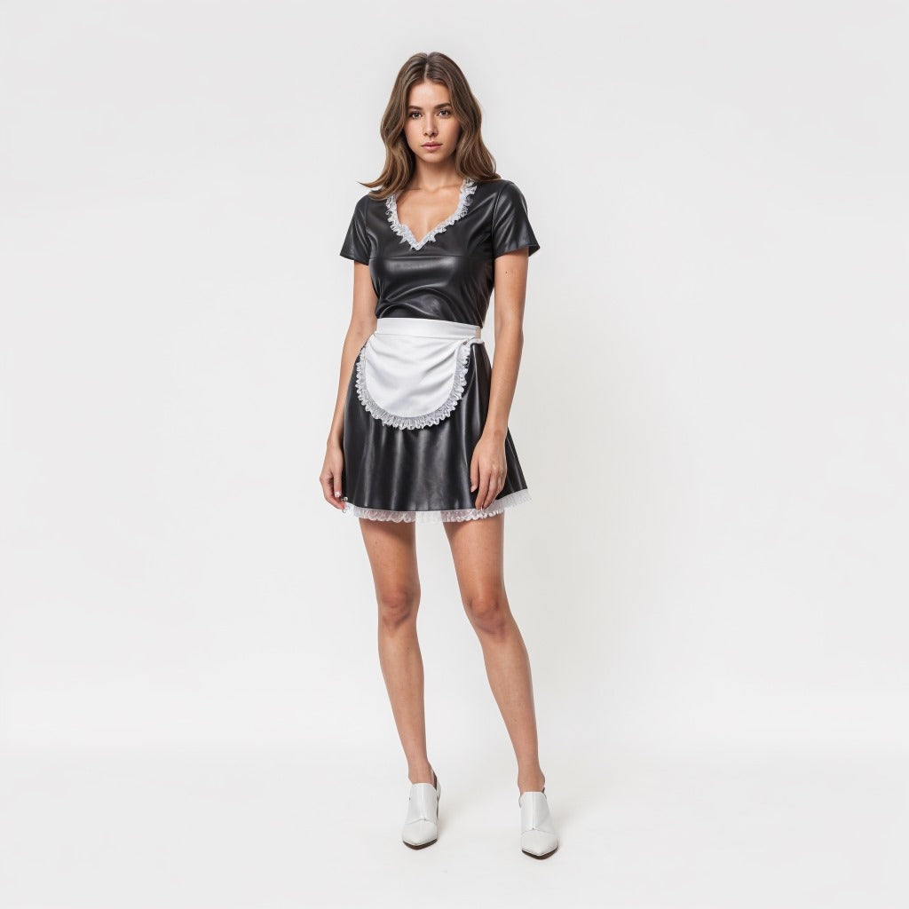 LinaLind - Französisches Dienstmädchen-Kostüm Liza aus glänzendem PU - schwarzes Wetlook-Kleid mit Schürze, sehr elastisch & figurbetont