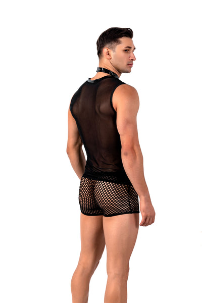 Lina Lind - Transparentes Herren-Oberteil aus Netzstoff mit PU-Details - William Choker Tank sexy Mesh-Top, elastisch & figurbetontShirts